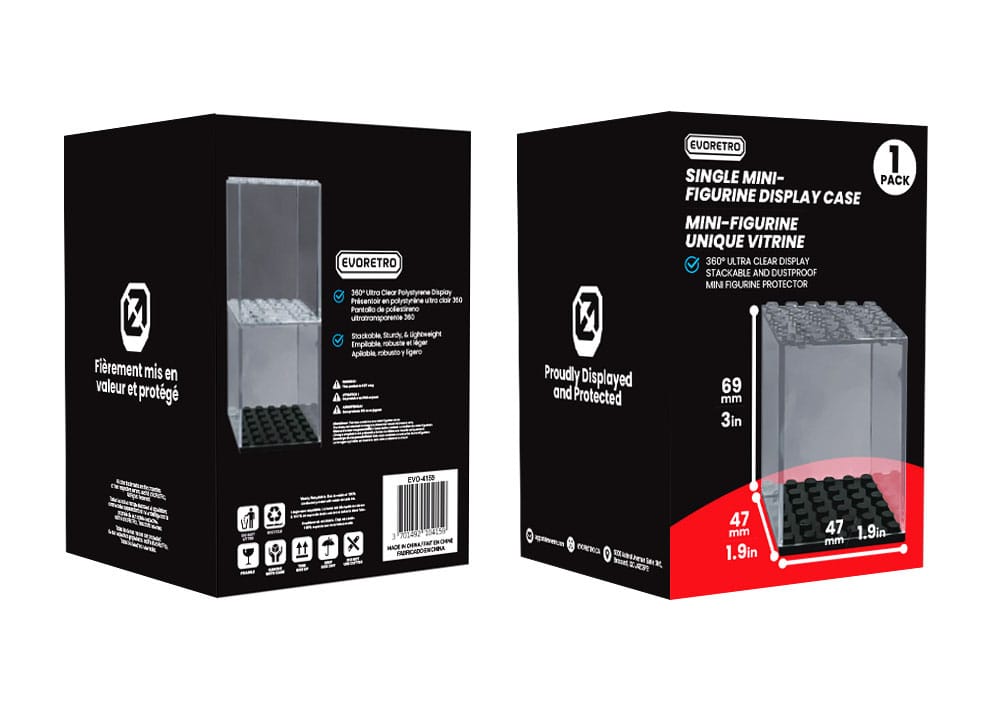 Retail packaging for EVORETRO single mini figurine display case with measurements