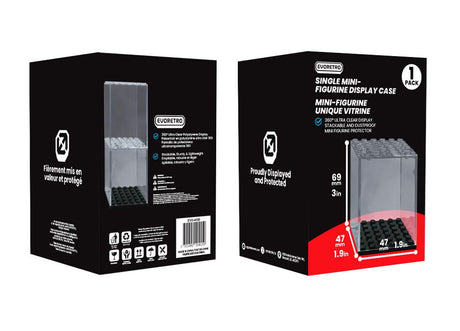 Retail packaging for EVORETRO single mini figurine display case with measurements