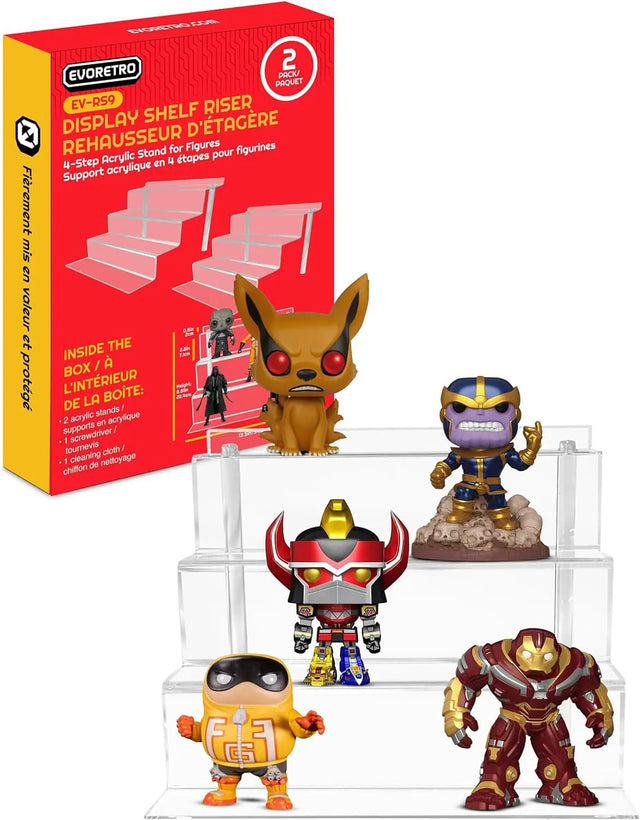 EVORETRO Acrylic Shelf Riser 2-Pack with packaging and collectible figures displayed on top.