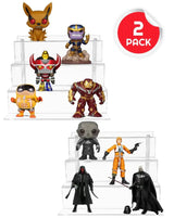 Two assembled acrylic risers stacked with action figures and Funko Pops across four tiers.
