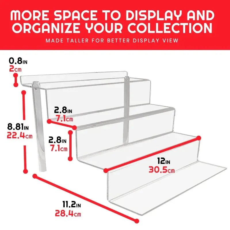 Dimensional diagram of acrylic display riser showing 4-tier measurements in inches and centimeters.