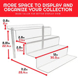 Dimensional diagram of acrylic display riser showing 4-tier measurements in inches and centimeters.