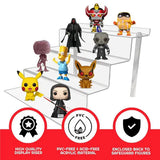 Clear acrylic 4-tier display riser showcasing collectible figures including Pikachu, Bart Simpson, and Darth Vader.