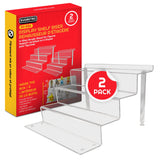 EVORETRO display riser 2-pack with red packaging and two assembled acrylic stands side by side.