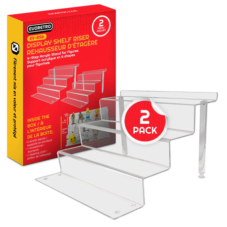 EVORETRO display riser 2-pack with red packaging and two assembled acrylic stands side by side.