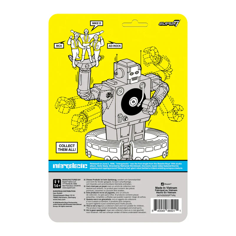 Rear view of Ad-Rock Intergalactic ReAction Figure cardback featuring robot artwork and collectible lineup