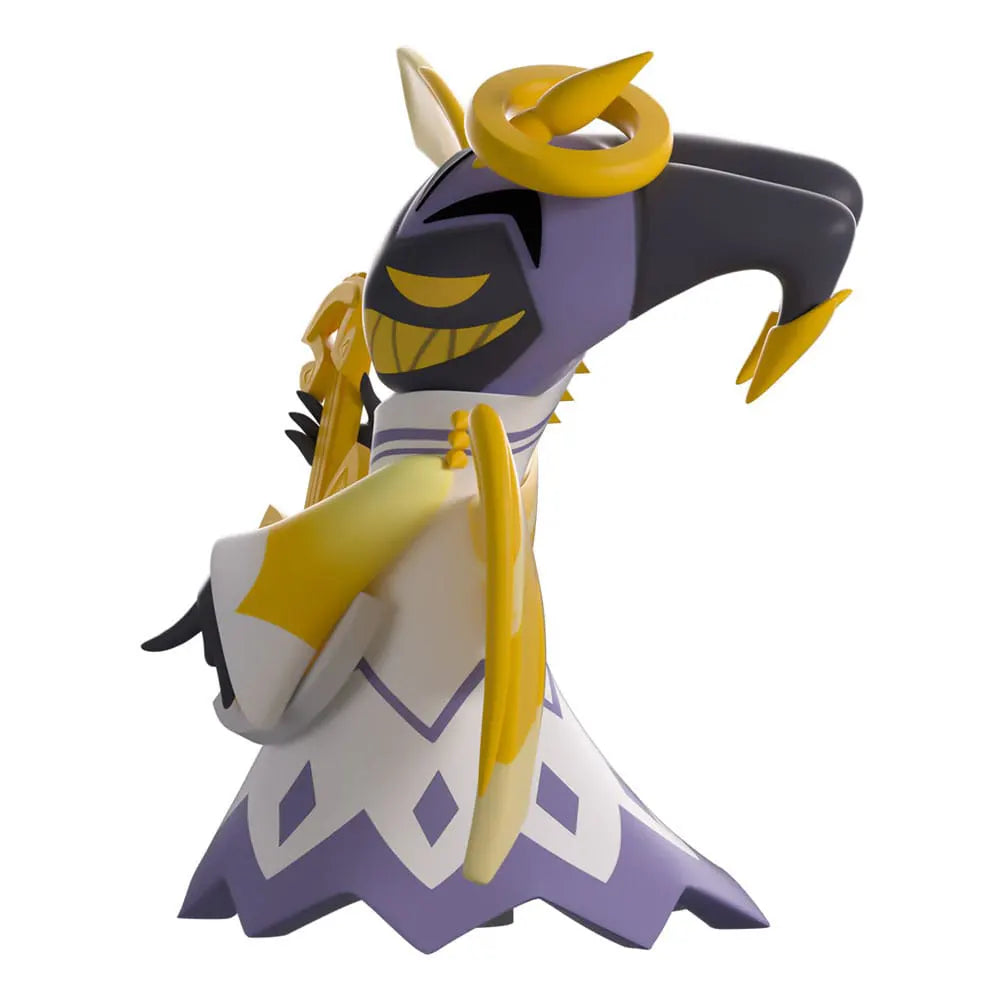 Hazbin Hotel Adam Youtooz vinyl figure playing golden harp-guitar with wings spread.