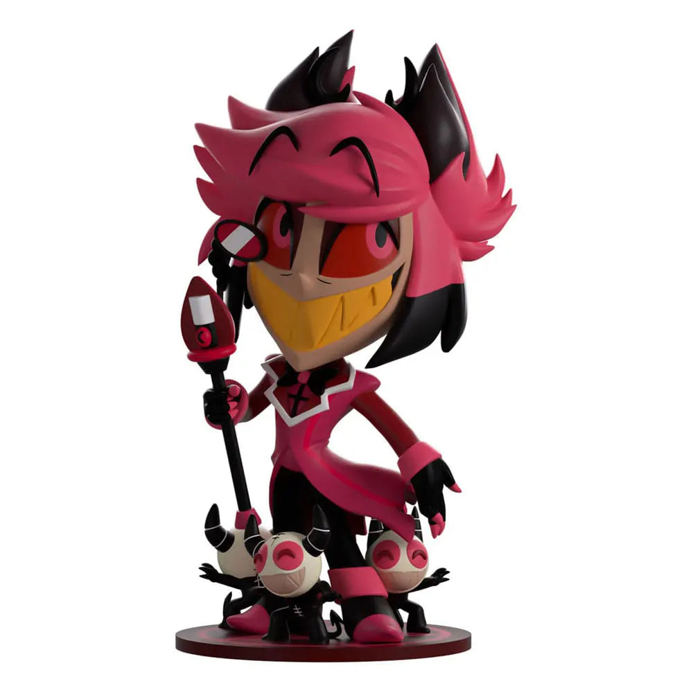 Alastor Youtooz vinyl figure from Hazbin Hotel in pink and black outfit with demon minions at the base.