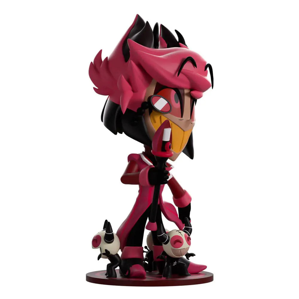 Side view of the Alastor Hazbin Hotel Youtooz vinyl figure holding his staff and surrounded by demon minions.