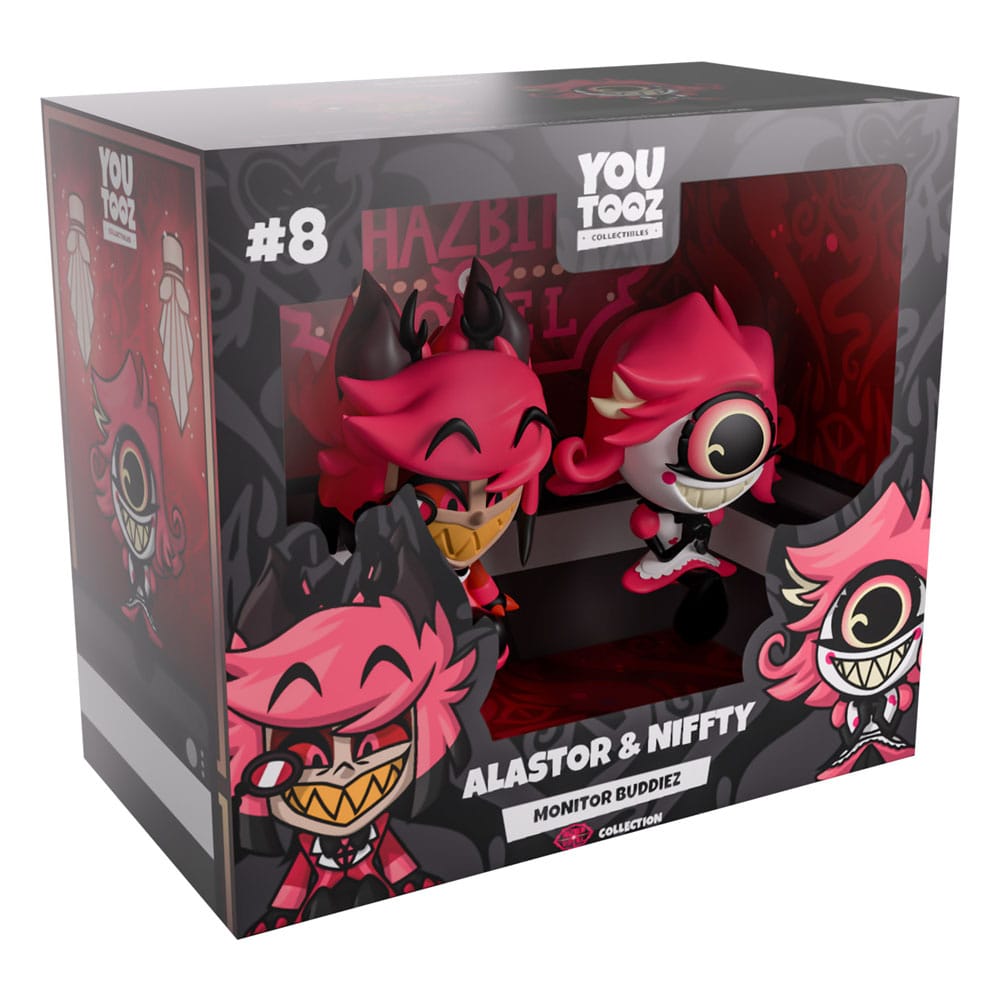 Alastor and Niffty Monitor Buddiez in collector display box by Youtooz.