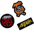 Anthrax patch set including NOT! skull logo, red pentagram logo, and yellow Anthrax logo