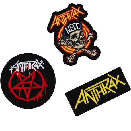 Anthrax patch set including NOT! skull logo, red pentagram logo, and yellow Anthrax logo