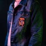 Anthrax NOT! skull patch applied on the front of a denim jacket