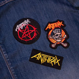 Anthrax patch set with three designs applied on denim fabric