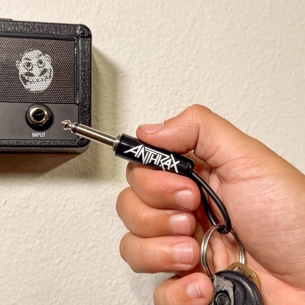 Anthrax guitar plug keychain with keys on wooden surface