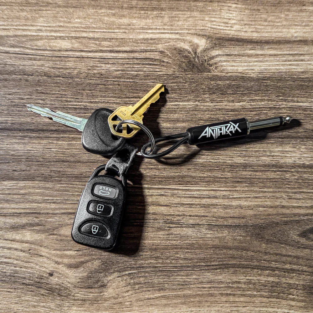 Anthrax plug keychain inserted into amplifier input jack