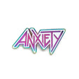 Close-up of Anxiety enamel pin by Yesterdays in metal band style