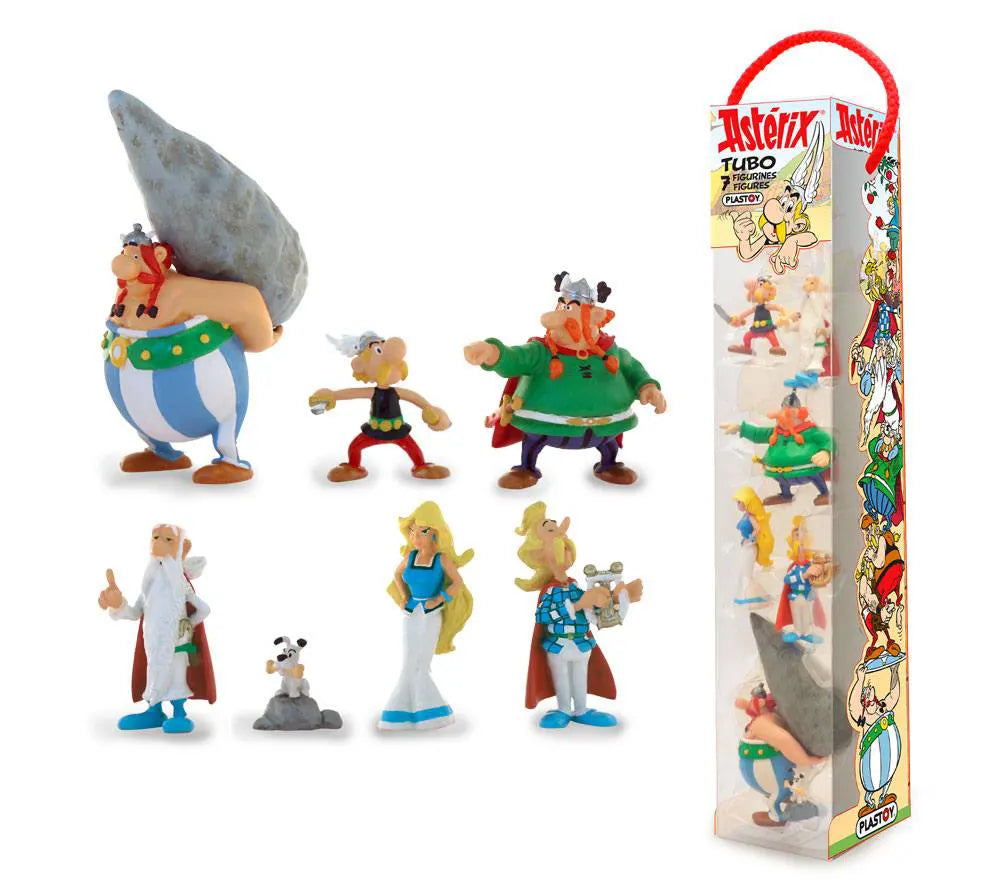 Asterix characters mini figure set including Asterix, Obelix, Getafix and Dogmatix in collector tube packaging