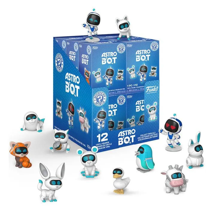 Astro Bot Funko Mystery Minis display containing 12 blind boxes surrounded by collectible vinyl figures