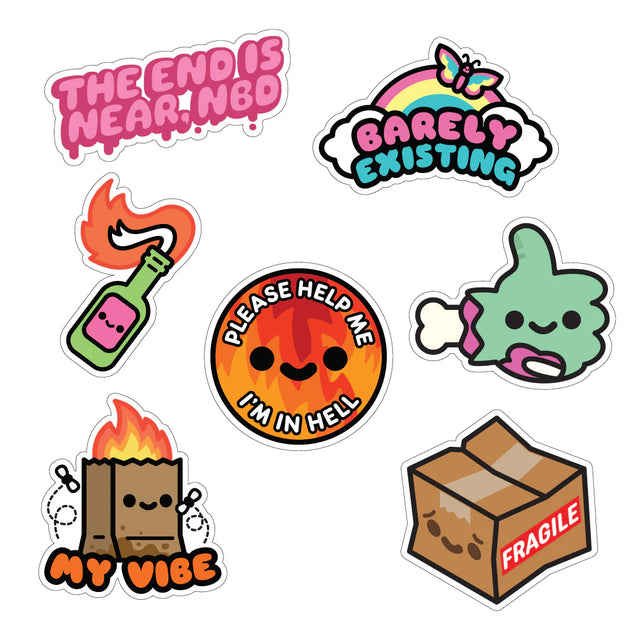 Barely Existing Sticker Pack featuring 7 glossy vinyl stickers with humorous and relatable low-energy mental health themes