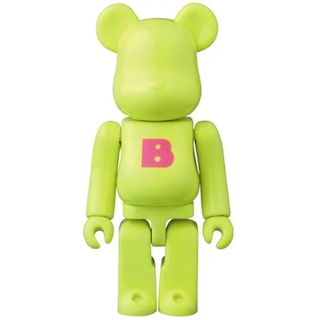 Medicom Toy BE@RBRICK Series 36 Basic Letter 100 percent neon green bearbrick figure with pink B logo on white background