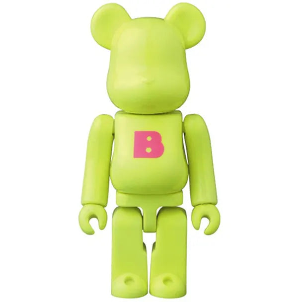Medicom Toy BE@RBRICK Series 36 Basic Letter 100 percent neon green bearbrick figure with pink B logo on white background