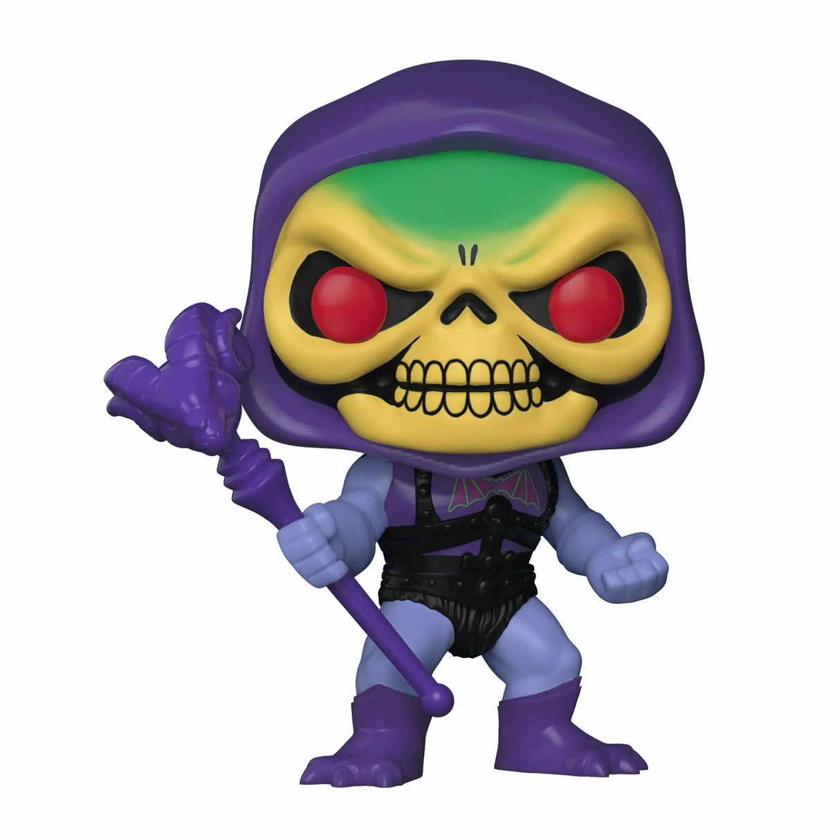 Close-up of Funko Pop! Battle Armor Skeletor with skull face and purple armor details.