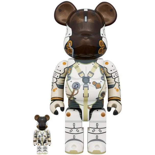 Front view of Bearbrick LUDENS 400% and 100% Japan Edition by Medicom Toy, featuring space suit armor design