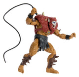 Side view of Beast Man Masters of the Universe movie action figure wielding whip