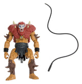 Front view of Beast Man Masters of the Universe action figure with whip accessory displayed beside figure