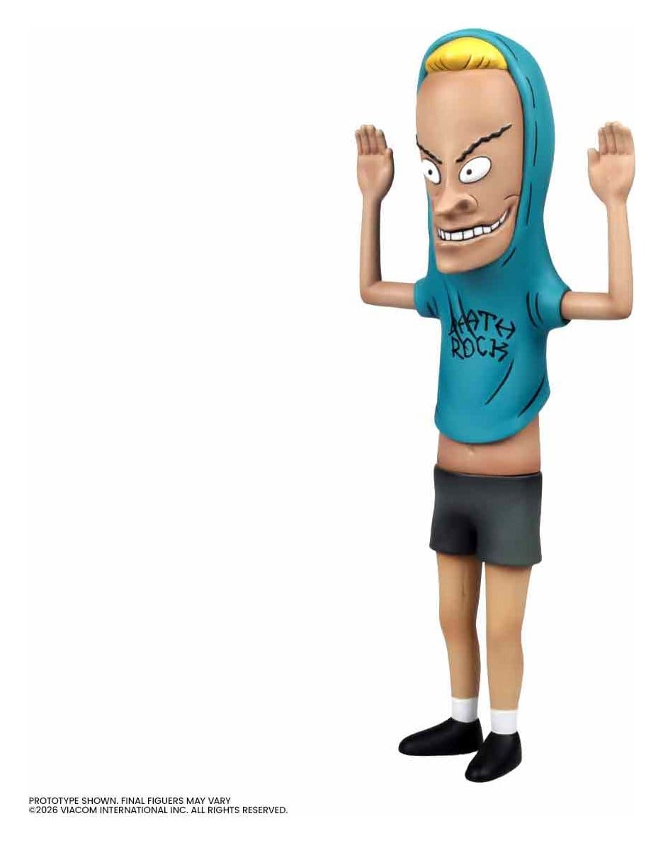 Beavis action figure close-up with Death Rock shirt and raised arms