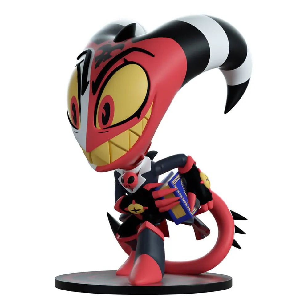 Blitzo vinyl figure from Helluva Boss by Youtooz, standing with book and toothy grin.
