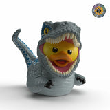 Blue TUBBZ Jurassic World First Edition figure front view showing duck-raptor hybrid design