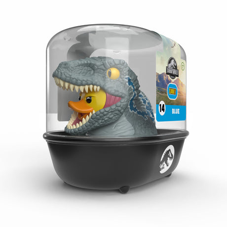Blue TUBBZ collectible duck inside Jurassic World display bathtub packaging