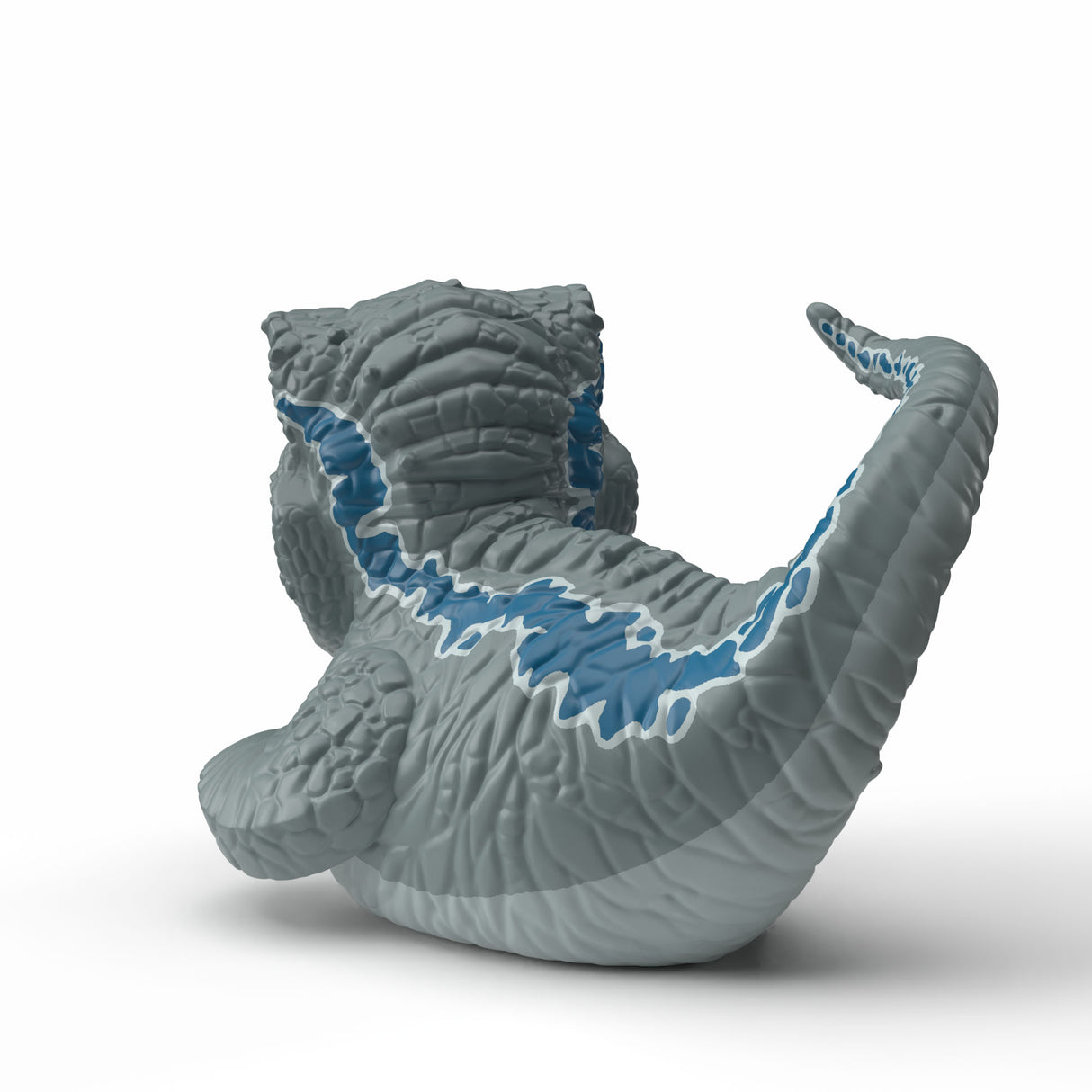 Back view of Blue TUBBZ Jurassic World duck with detailed tail and texture
