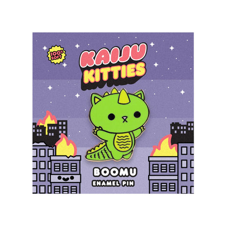 Boomu Kaiju Kitties enamel pin displayed on branded backing card with city and kaiju theme artwork