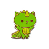 Boomu Kaiju Kitties enamel pin featuring a green kaiju cat with gold plating on a white background