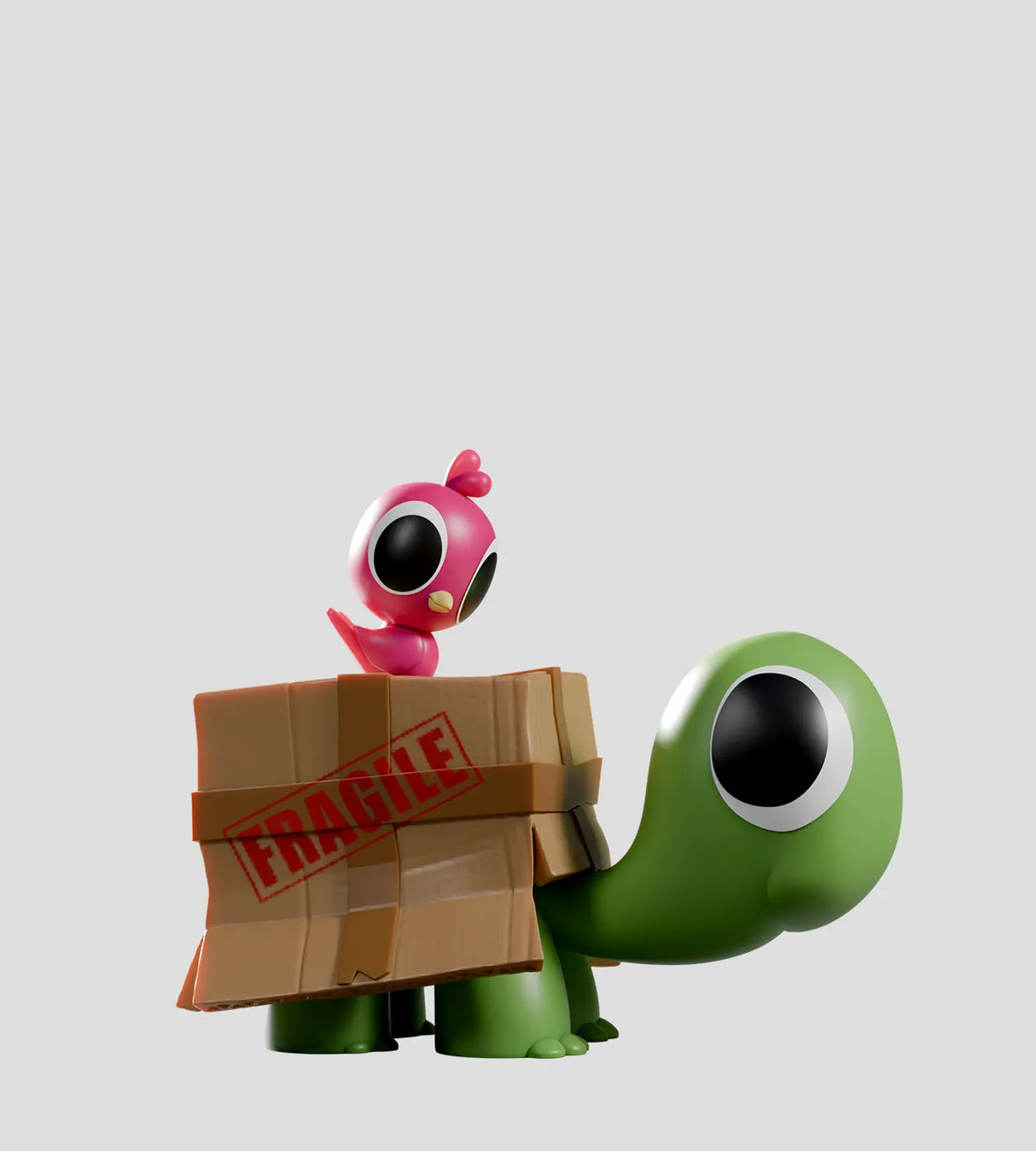 turtle carrying fragile cardboard box bird figure collectible