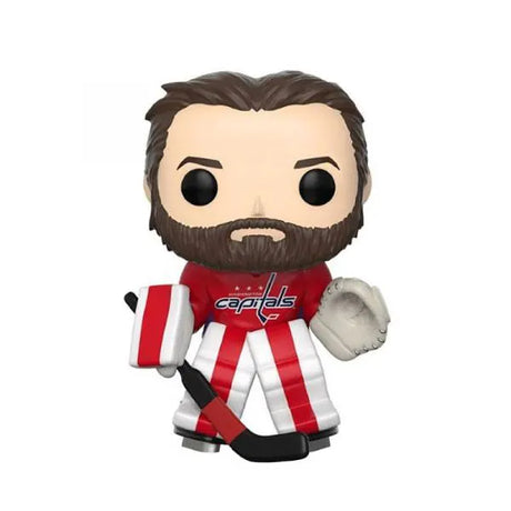 Funko Pop Braden Holtby 16 NHL figure in Washington Capitals uniform holding goalie stick.