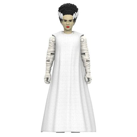 Bride of Frankenstein ReAction+ action figure by Super7 wearing a white soft goods dress with screen-accurate hair and facial details.