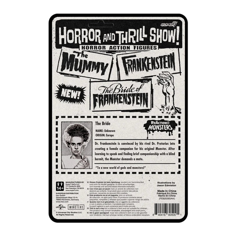 Rear view of the Bride of Frankenstein Universal Monsters ReAction+ Figure packaging featuring character artwork and product information.