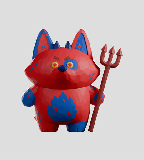 Bubba Bad Hellhounds art vinyl figure front view holding pitchfork with red and blue design