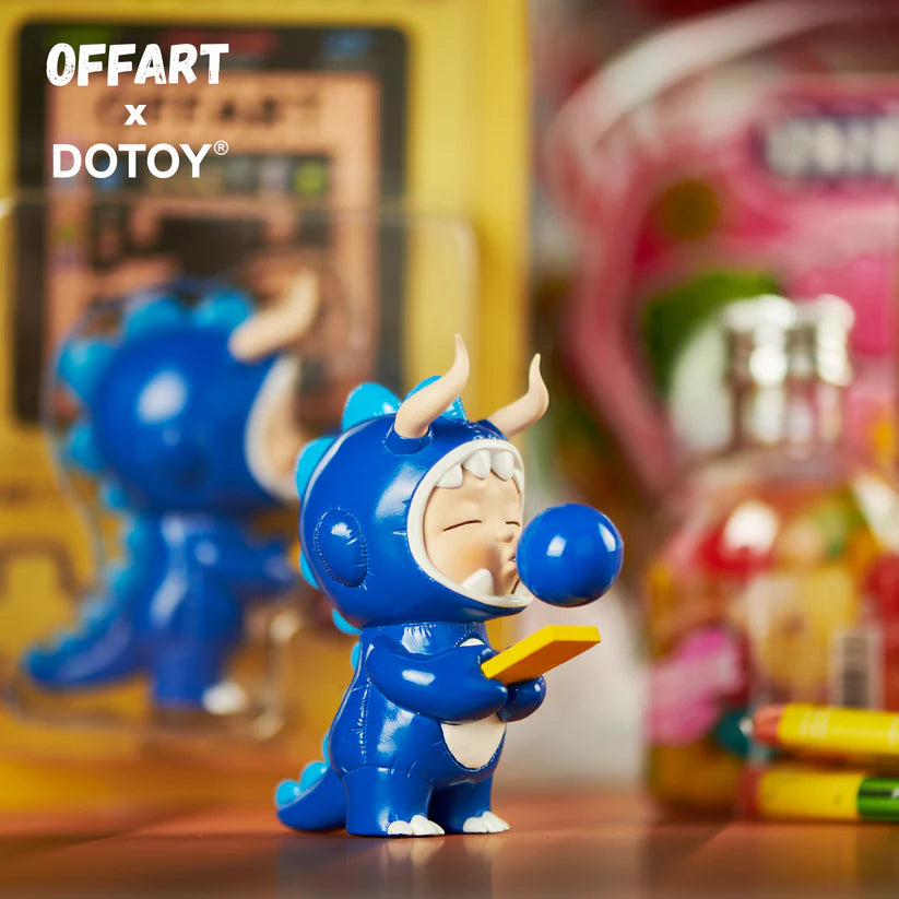 Close-up of Jimmy in blue dino costume with arcade background