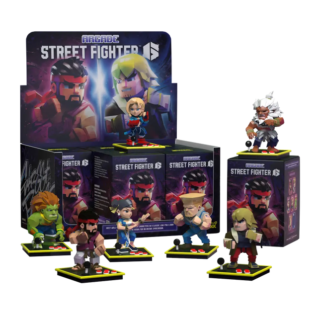 Street Fighter arcade blind box display with multiple low-poly character figures
