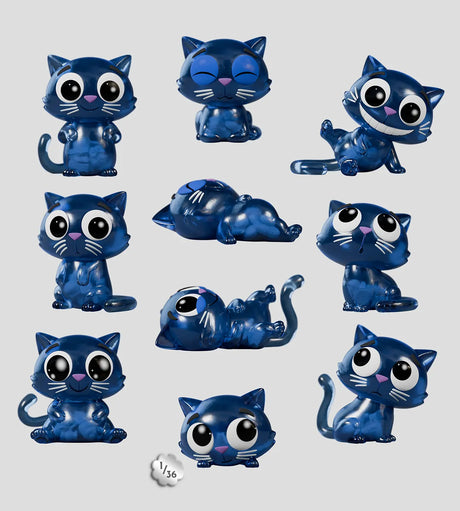 Catscans blind box full set featuring multiple blue transparent cat figures in different poses