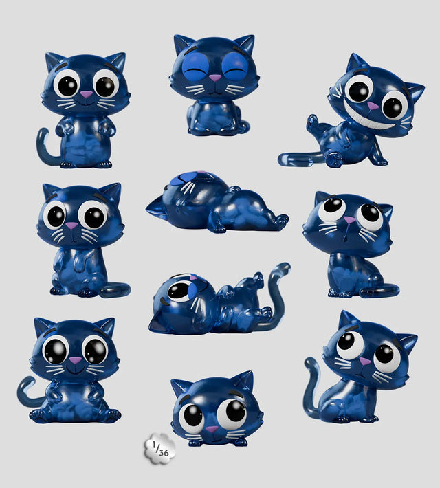 Catscans blind box full set featuring multiple blue transparent cat figures in different poses