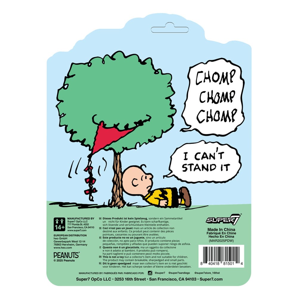 Back of Charlie Brown Kite-Eating Tree ReAction Figure packaging featuring Peanuts comic strip