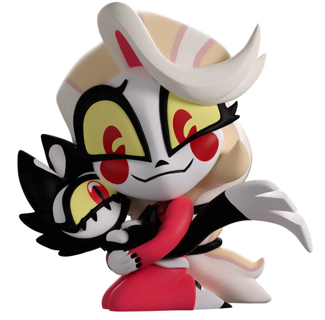 Front view of Charlie Morningstar holding KeeKee Hazbin Hotel Youtooz vinyl figure
