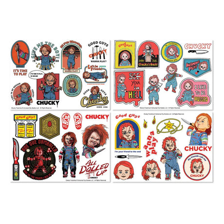 Chucky Tech Sticker Pack showing four sheets of reusable vinyl decals featuring Child's Play artwork and horror-themed designs