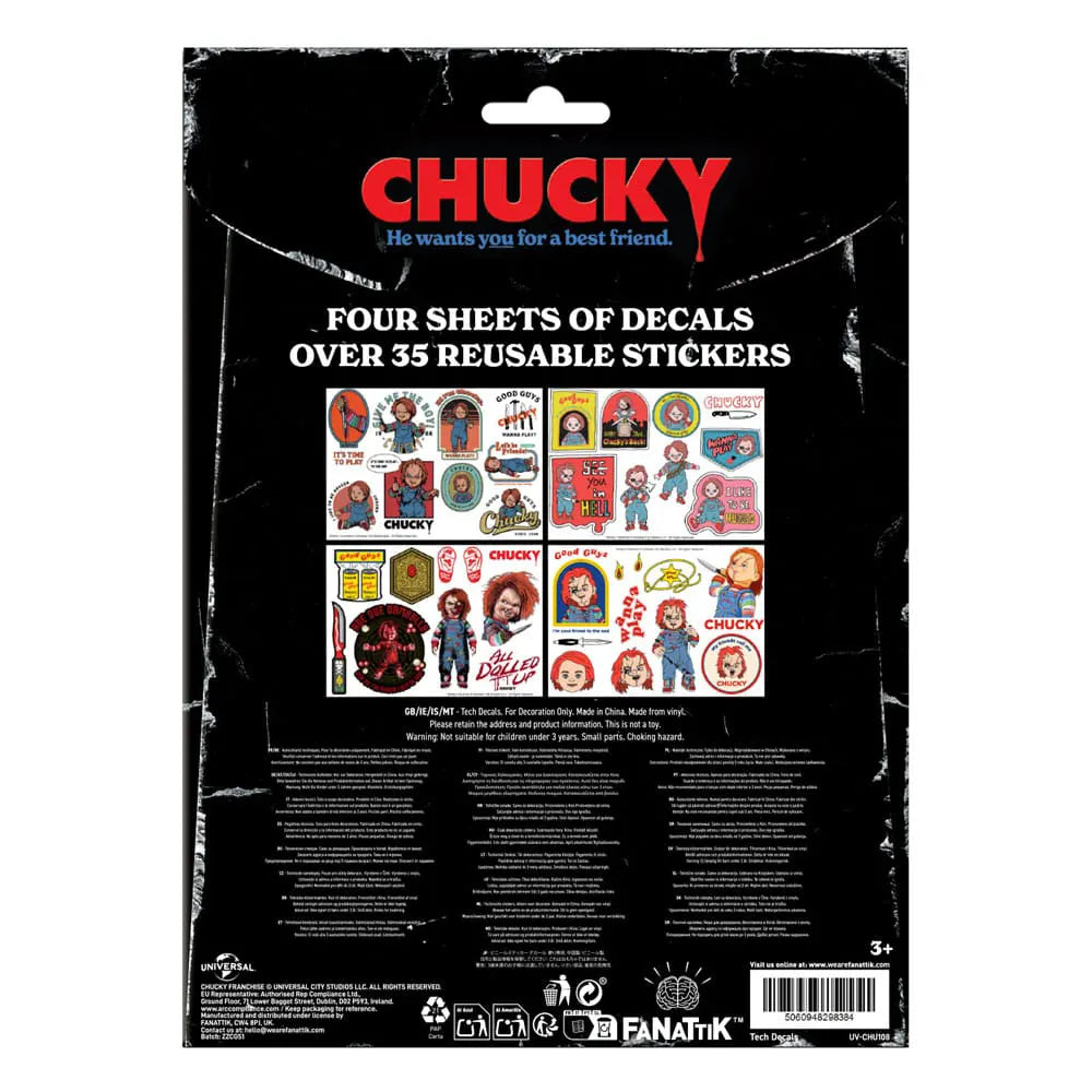 Back of Chucky Tech Sticker Pack showing four sticker sheets with over 35 reusable vinyl decal designs